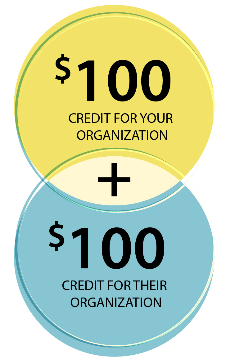$100 credit for your organization and $100 credit for their organization